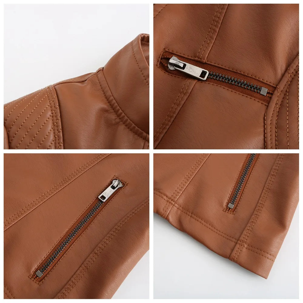 Veste Cuir Femme Slim - Blouson Col Montant Élégant