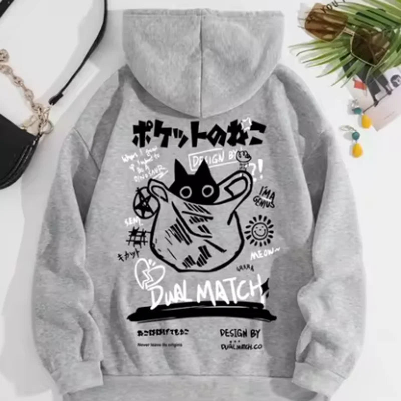 Sweat à Capuche Femme – Chat Mignon Imprimé – Style Harajuku Loose & Doux pour l’Automne
