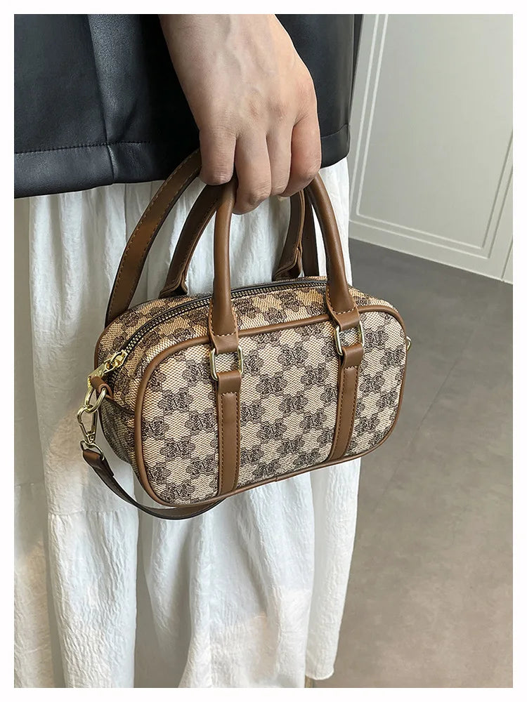 Sac Boston Femme Cuir PU Vintage Monogramme - Bandoulière Crossbody Luxe Designer