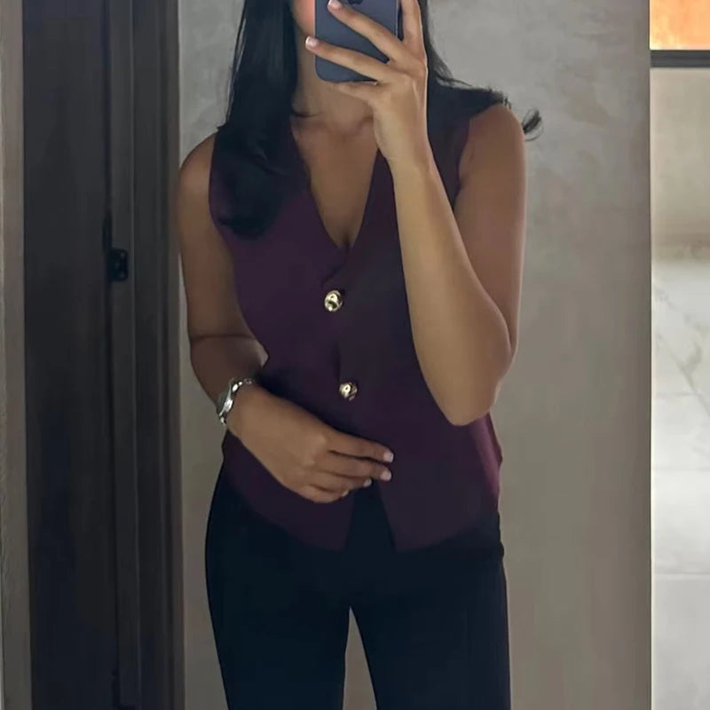 Gilet Femme en Maille – Débardeur Sans Manches avec Boutons, Style Été/Printemps