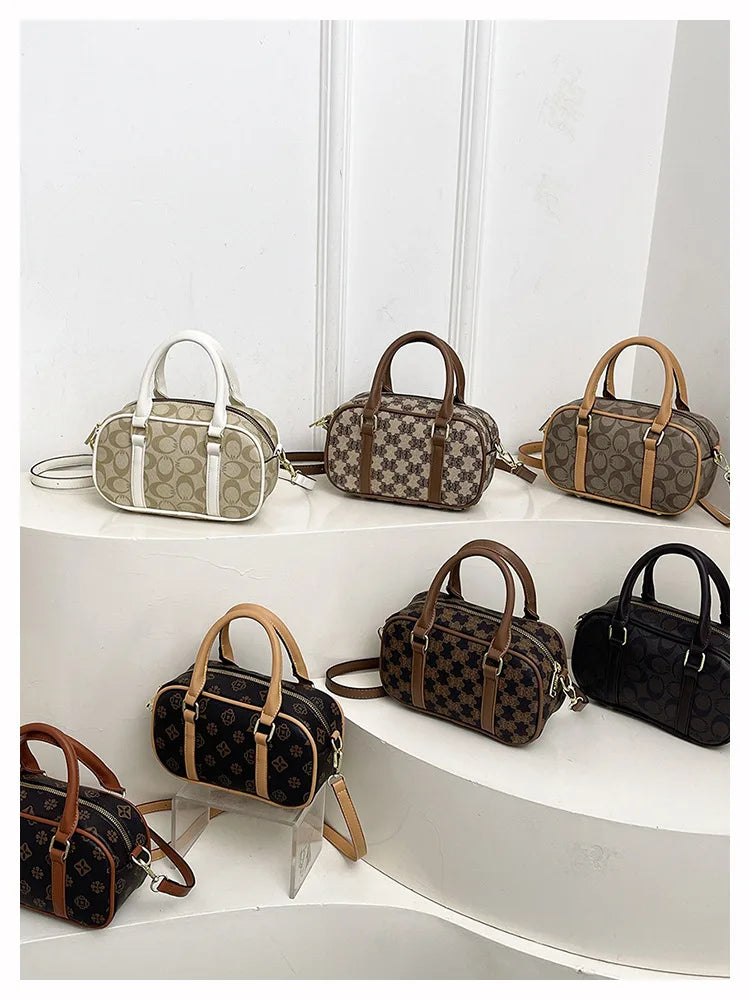 Sac Boston Femme Cuir PU Vintage Monogramme - Bandoulière Crossbody Luxe Designer