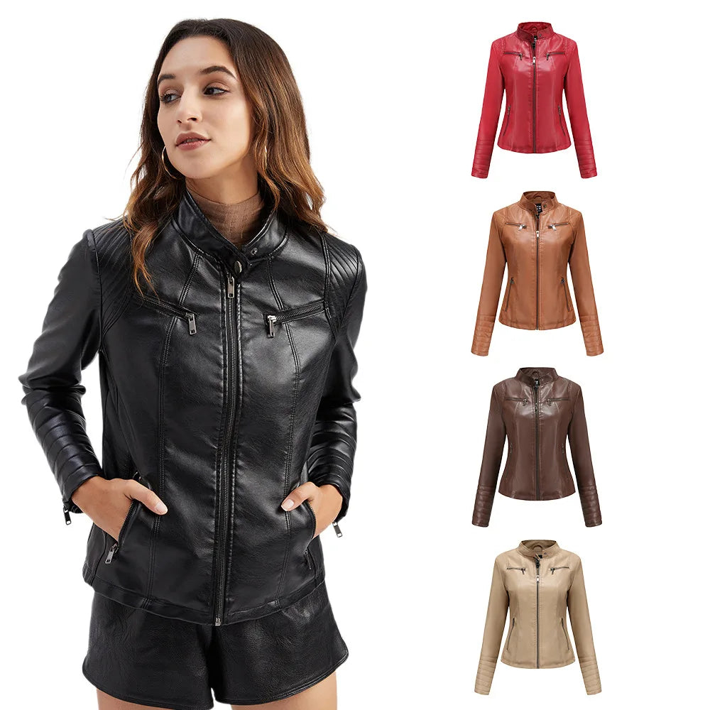 Veste Cuir Femme Slim - Blouson Col Montant Élégant