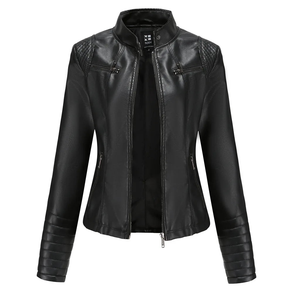 Veste Cuir Femme Slim - Blouson Col Montant Élégant