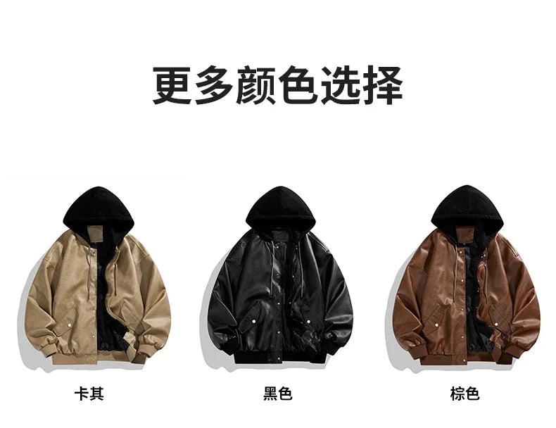 Veste Hoodie Vintage Homme en Similicuir Noir – Style Hip Hop Streetwear Luxe, Blouson PU Cuir Tendance