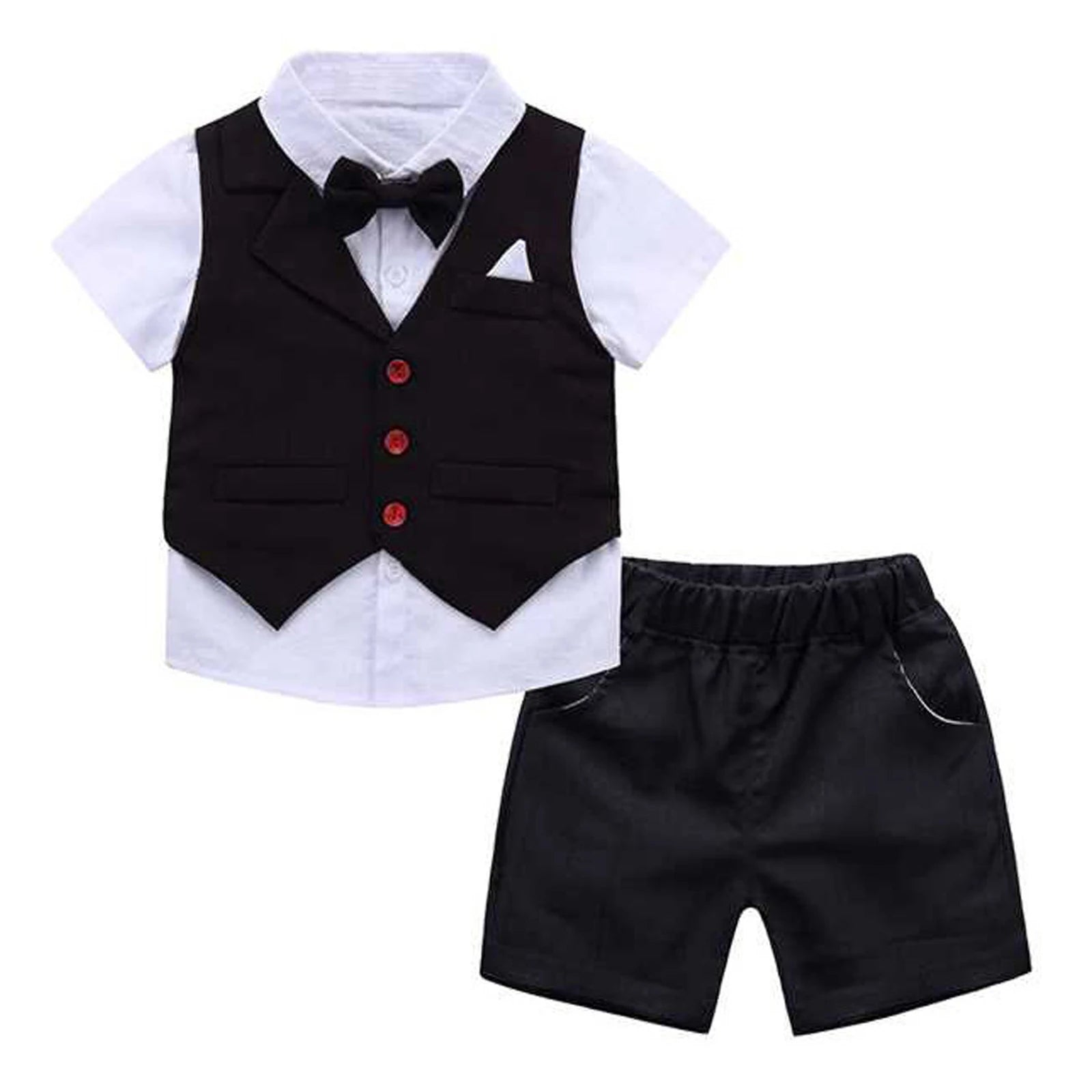 Costume Garçon Élégant – Ensemble 4 pièces (Chemise, Gilet, Short & Noeud Papillon) | Tenue Cérémonie & Mariage (7-13 ans)