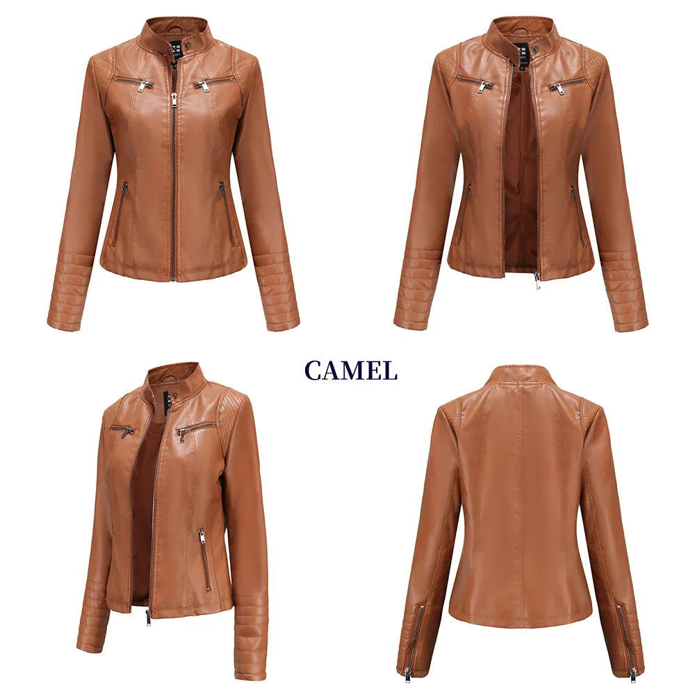 Veste Cuir Femme Slim - Blouson Col Montant Élégant