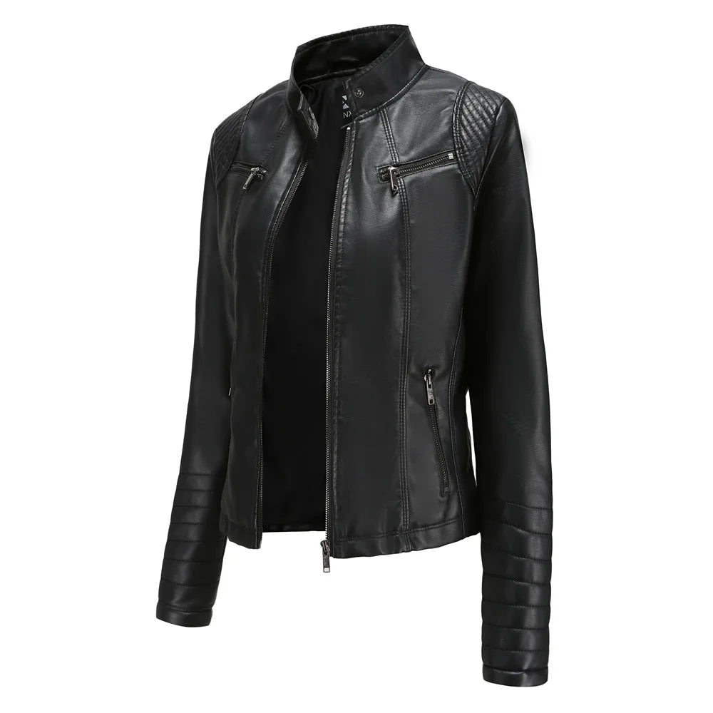 Veste Cuir Femme Slim - Blouson Col Montant Élégant