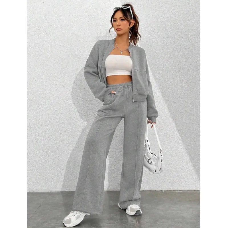 Ensemble Survêtement Femme 2 Pièces – Veste Zippée & Pantalon Droit – Style Décontracté Automne