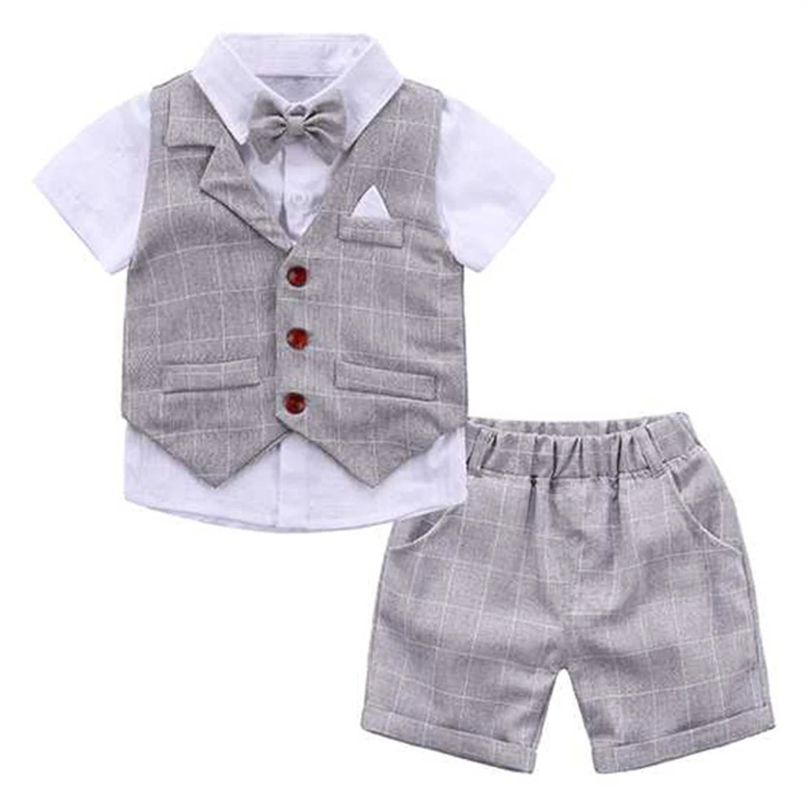 Costume Garçon Élégant – Ensemble 4 pièces (Chemise, Gilet, Short & Noeud Papillon) | Tenue Cérémonie & Mariage (7-13 ans)
